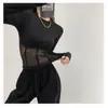 Top de espina de pescado atmósfera negra para mujer, primavera, europeo y americano, sexy, con diseño de encaje, camiseta de malla para chica atractiva