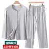 Camisa de Algodão Puro com Botões para Ar Condicionado para Homens de Meia-Idade e Idosos, Conjunto de Pijama de Manga Longa, Cardigã Fino Solto de Verão, Roupa de Casa