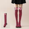 Meias Femininas Acima do Joelho Estilo Japonês Laço de Morango Acessórios de Roupa para Festas de Festival de Natal Meias Longas Listradas Aquecedores de Braço