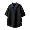 Ropa para Hombre Acu Camiseta Falsa de Dos Piezas de Manga Corta para Hombre Verano 2026 Doble Cuello en V Empalmada Media Cremallera Holgada Transpirable Superior para Hombre