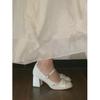 Zapatos Mary Jane blancos, zapatos de dama de honor, tacón grueso, boca baja, perla, tacones altos para mujer