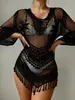 Cubierta de playa transfronteriza europea y americana para mujer Bikini Ropa de exterior Jersey Jersey con borlas Encaje de malla Bordado geométrico Cubierta