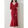 Vestido de cashmere com gola, pulôver para mulheres, novo outono e inverno, versátil, manga longa, casual, longo, de tricô de lã
