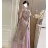 Estilo fresco y elegante con tapeta diagonal abotonada, vestido de té de verano vintage de longitud media para mujer con abertura lateral, conjunto de dos piezas