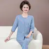 Pijama de Manga Tres Cuartos para Mujer, Nuevo Estilo Primavera y Verano, Cárdigan Floral, Tallas Grandes, Algodón de Imitación, Conjunto de Dos Piezas para Estar en Casa de Mamá