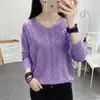 Camisa Delgada Calada 2023 Primavera y Otoño Nueva Coreana Holgada Cuello en V Suéter Pulóver para Mujer Color Sólido Camisa Base de Punto