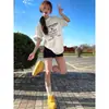 Shorts Casuais de Algodão Azul Marinho Estilo Americano para Mulheres, Verão Cintura Alta Perna Larga Emagrecedor Hot Pants