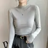 Camiseta de algodón acanalado de manga larga para mujer con cuello semi-alto, camiseta básica versátil para primavera y otoño, top moderno de estilo coreano ajustado
