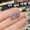 Hermosos pendientes de camelia con gema rosa brillante, diseño chapado en oro de 18 quilates, pendientes de circonita con lazo ligero y fijo de lujo