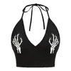 Camisola gótica exclusiva transfronteriza con estampado de calavera en la mano, cuello halter, cuello en V, espalda con cordones, sin mangas, corte ajustado para mujer