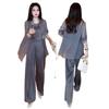 Traje de Moda Dropshipping para Mujer Estilo Verano 2025 Aspecto Adelgazante Camisa con Protección Solar Pantalones de Pierna Ancha Conjunto Casual de Tres Piezas
