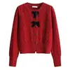 Outono e Inverno novo cardigã de malha de seda brilhante estilo coreano com laço gola redonda casaco suéter estilo Chanel suéter cardigã de manga longa