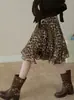 Falda Larga con Estampado de Leopardo Color Café para Mujer, Primavera y Verano, de Cintura Alta, Elegante, Línea A, Adelgazante, Casual, con Volantes, Midi