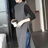 Nuevo jersey de punto para mujer de principios de otoño, longitud media, cuello semi-alto, abertura, suéter exterior, vestido chaleco, algodón