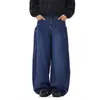 Jeans de design retrô americano com bolso grande e barra curva, para homens e mulheres, calça larga bordada de perna larga, comprimento total, atacado transfronteiriço