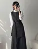 Vestido Avental com Camisa de Commuting Cinza Escuro - Camada de Renda com Cadarço Redondo Coreano Francês
