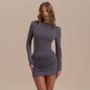 2025 Otoño Nuevo Estilo Europeo y Americano Transfronterizo Falda Sexy Ajustada a las Caderas Color Puro Cuello Redondo Plisado Vestido Sexy Ajustado para Mujer