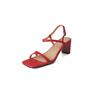 Sandalias de mujer de piel de vaca estilo coreano, sencillas y de moda, de verano 2024, con tacón alto grueso y punta cuadrada y punta abierta.
