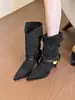 Botas Elegantes de Bico Fino Finas com Fivela de Cinto Franzidas de Cano Mole Botas Curtas Retrô Botas de Moda Versáteis para Mulheres