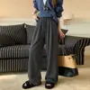 Calça feminina cinza de perna larga, novo estilo primavera 2026, solta, casual, com caimento relaxado, corte reto, versão estreita, adequada para figuras petites