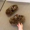 Pantuflas peludas de tamaño pequeño, suela gruesa, que aumentan la altura, punta cerrada, sin talón, para mujer, nuevo estilo invierno 2026, forradas de felpa, para usar en exteriores, pantuflas de algodón con plataforma