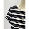 Camiseta Bordada con Oso de Sentido del Diseño para Mujer Rayas Blancas y Negras Contraste de Color Base Top Estilo Occidental Verano Estilo Coreano Hombro Manga Corta