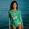 Traje de baño europeo y americano 2024, nuevo traje de surf con estampado verde y cremallera de manga larga para mujer, explosiones transfronterizas
