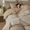 Qualidade A, seguro para bebês, algodão de fibra longa de Xinjiang, conjunto de cama de quatro peças escovado, estilo japonês, 100% algodão, capa de edredom jacquard tingido em fio, algodão puro espessado