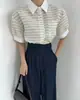 Talla Actualizada Chic Coreano Retro Francés Bloque de Color Raya Camisa de Manga Corta Top para Ir al Trabajo Ropa de Mujer