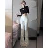 Jeans Flare Branco Estilo Americano Picante para Mulheres, Cintura Alta de Verão, Slim-Fit, Valoriza a Silhueta, Aumenta a Altura, Calças Flare de Outono e Primavera Comprimento Total