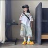 Conjunto Nuevo de Verano para Niños y Niñas 2025 Tendencia Graffiti Manga Corta Pantalones Cortos de Mezclilla para Niños Conjunto de Dos Piezas