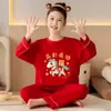 Pijama Vermelho Infantil para Meninas Primavera e Outono 2026 Gola Redonda Manga Longa Conjunto para Crianças Maiores Meninas Princesas Roupas de Casa
