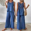 Amazon Ropa de Mujer Transfronteriza Europea y Americana Conjunto Casual de Dos Piezas de Algodón y Lino con Espalda Calada + Pantalones de Pierna Ancha
