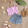 Ropa popular para niños 2022 top de chaleco plisado de tirantes tridimensional con pantalones cortos de mezclilla lavados y cepillados para niñas y niños conjunto