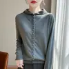 Cárdigan con capucha abotonado de punto fino para mujer, suéter hoodie casual holgado, chaqueta sudadera de punto azul de manga larga