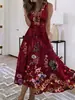 2026TEMIU Nuevo Vestido Camiseta Sexy Transfronterizo con Elementos Florales, Cuello en V, Cintura Alta, Sin Mangas, Estampado Digital 3D