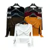 Design de algodão de bambu com decote V torcido, cintura plissada, efeito emagrecedor, blusa básica de manga comprida lisa, top camiseta, suéter feminino