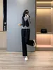 Conjunto Esportivo Casual de Moda de Alta Qualidade para Mulheres Outono Novo Colete de Gola Redonda Falso Duas Peças Blusa de Manga Longa e Calças Conjunto de Duas Peças