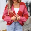 Suéter Cardigan Amazon com Listras Coloridas para Mulheres, Estilo Europeu e Americano, Caimento Solto, Tricô Plus Size, Jaqueta Curta