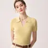 Polo de Manga Curta 100% Caxemira Pura Feminino Simples Slim-Fit Suéter de Malha Camada Base Estilo Executivo