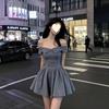 Novo Design Francês Tomara que Caia Temperamento Verão Garota Quente Vestido Uma Linha Emagrecimento da Cintura Vestido Chique Bufante