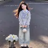 Moletom com Capuz Listrado Color Block Patchwork Lapela Estilo Coreano Personalidade Moda para Meninas Conjunto de Jeans Fofo Tendência