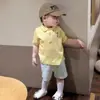Novo Conjunto de Roupas Infantis Estilo Coreano para Meninos e Meninas, Camiseta Fofa de Manga Curta com Gola Polo e Shorts Listrados Conjunto de Duas Peças