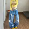Calça jeans feminina com patch floral bordado estilo coreano, coleção de outono, voltada para exportação, estilo high-street, design longo e fluido, moderna