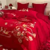 Juego de Cama de Boda de Cuatro Piezas, Algodón Puro de Boda, Sábana de Cama Rojo Brillante para Recién Casados, Funda de Edredón, Ropa de Cama de Boda