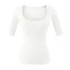 Camiseta de Manga Media Cuadrada de Color Sólido Estilo Puro Deseo Verano Nueva Moda Versátil Ajustada Top Básico Chica Atrevida Mujer