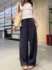 Calça de Linho Tencel Azul Marinho de Perna Larga para Mulheres, Verão 2025 Fina de Alta Qualidade Resistente a Amassados com Caimento Respirável, Perna Reta, Comprimento no Chão