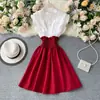 Vestido Patchwork Fashion 2020 Novo Verão Doce com Pedrarias e Babados na Cintura Design Emagrecedor com Cores Contrastantes