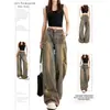 Jeans largos rasgados estilo deserto retrô americano para mulheres, design fino de verão, cintura alta, calças retas largas