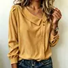 Camisa de Veludo Cotele 2026 Transfronteiriça com Gola Irregular Inclinada, Manga Longa, Blusa Casual Solta para Mulheres na Primavera, Outono e Inverno
